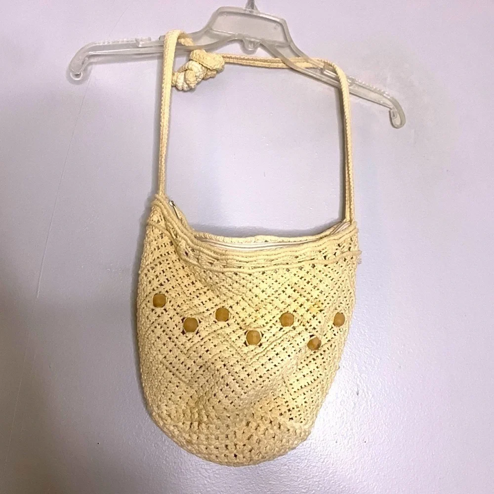 Vintage macramé woven off-white Crossbody shoulder bag purse one size
